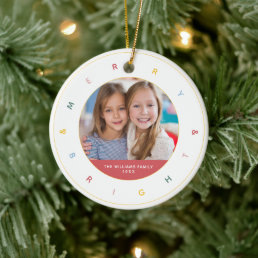 Merry &amp; Bright Modern Rainbow Photo Ceramic Ornament