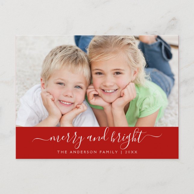 Merry Bright Modern Script Christmas Photo Card (Front)