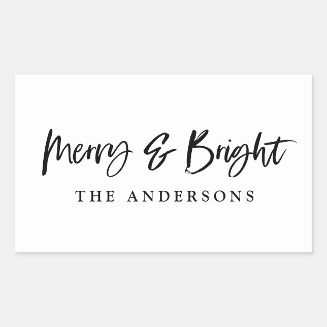 Merry & Bright modern script text christmas Rectangular Sticker (Front)