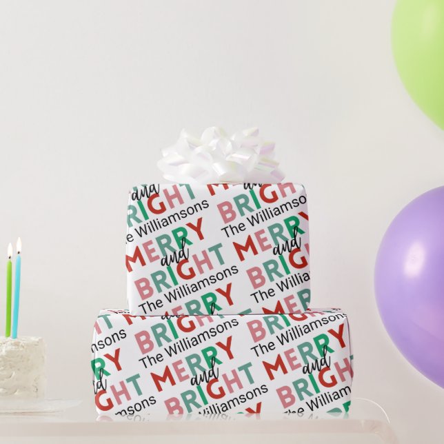 Merry & Bright Modern Simple Name Repeat Pattern Wrapping Paper (Party Gifts)