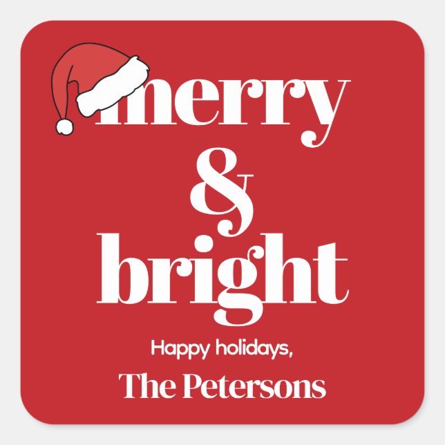 Merry & Bright | Modern Whimsical Red Christmas  Square Sticker (Front)