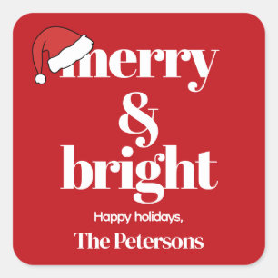 Merry & Bright Modern Whimsical Red Christmas Square Sticker