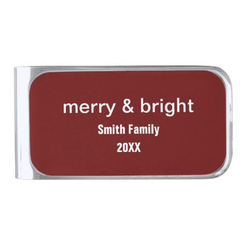 Merry  Bright Name Burgundy Red Christmas Gift Silver Finish Money Clip