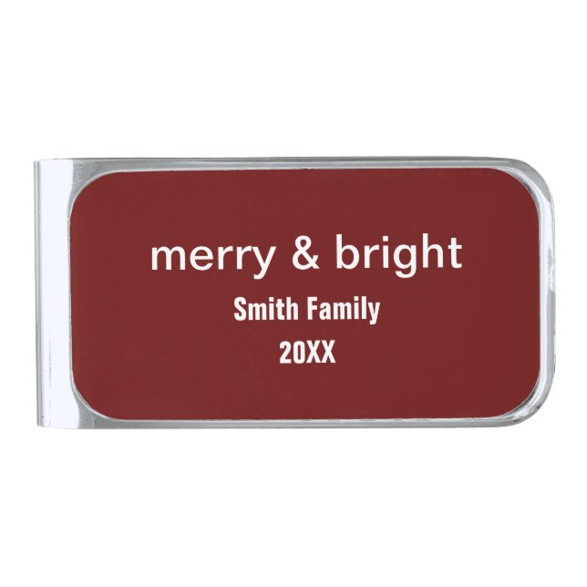 Merry & Bright Name Burgundy Red Christmas Gift Silver Finish Money Clip (Front)