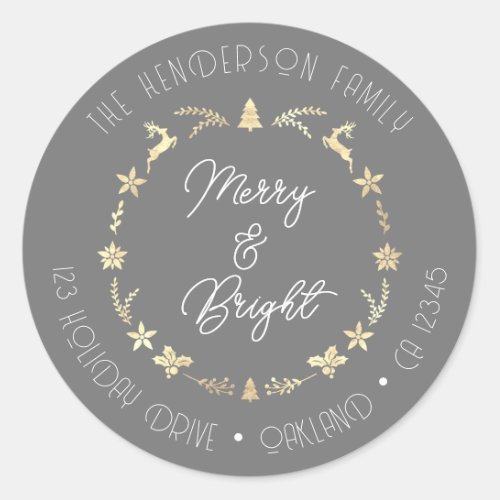 Merry Bright Name Family Address Reindeer Wreath  Classic Round Sticker