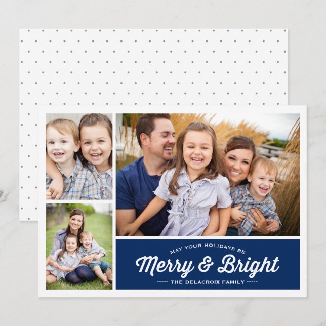 Merry & Bright Navy 3 Photo Holiday Greeting Card (Front/Back)