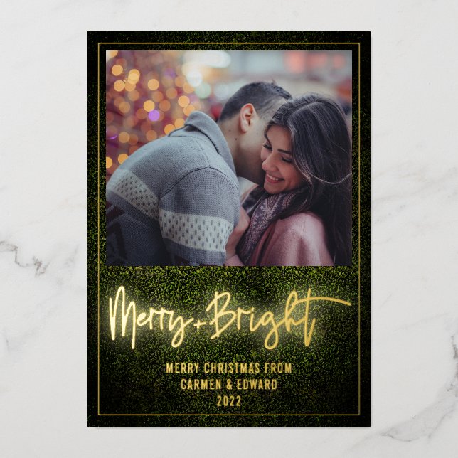 Merry + Bright Neon Boxwood Christmas Photo Foil Invitation (Front)