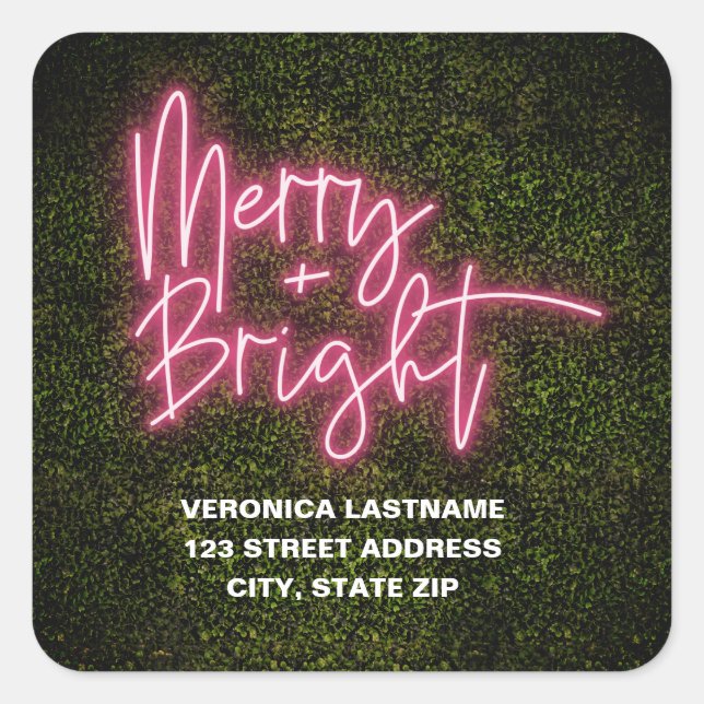 Merry + Bright Neon Sign Boxwood Christmas Address Square Sticker (Front)