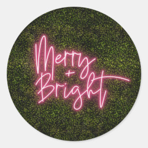 Merry + Bright Neon Sign Boxwood Christmas Classic Round Sticker