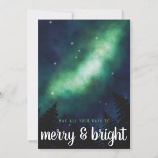 "Merry & Bright" Northern Lights Script | Green Holiday Card