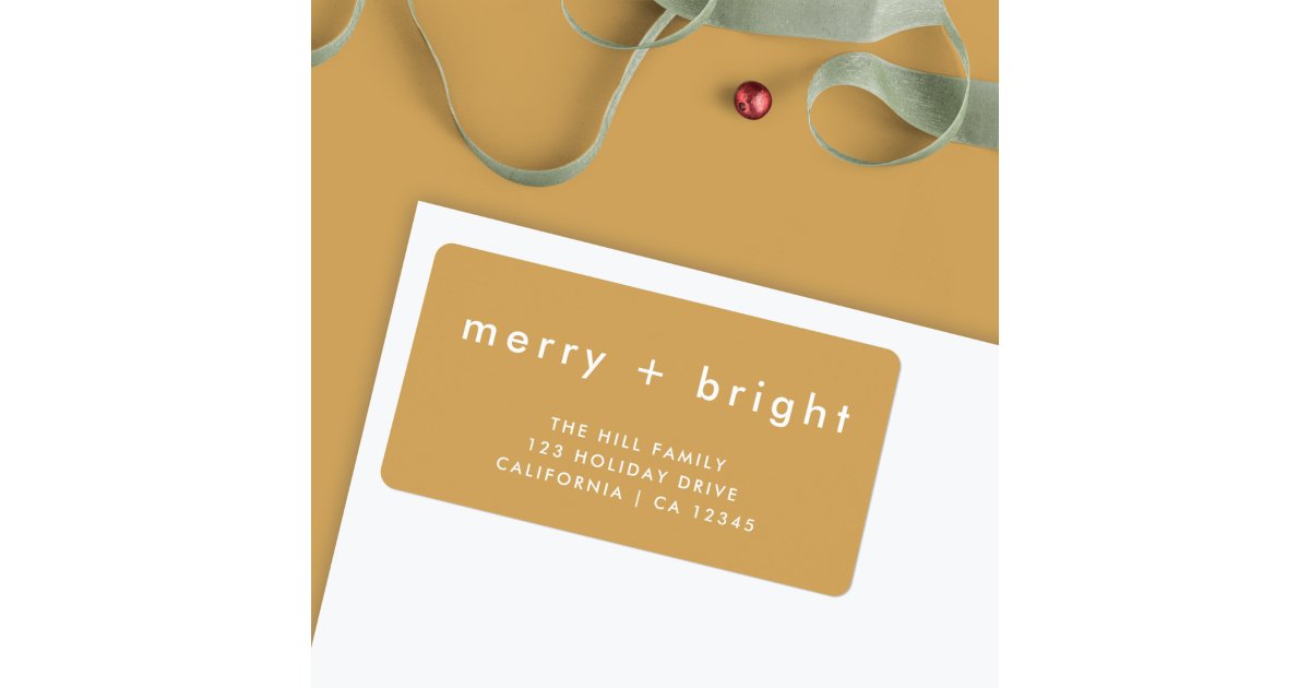 Merry + Bright Ocher Gold Christmas Address Label Zazzle