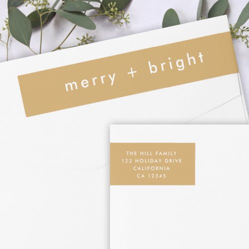 Merry  Bright  Ocher Gold Christmas Address Wrap Around Label