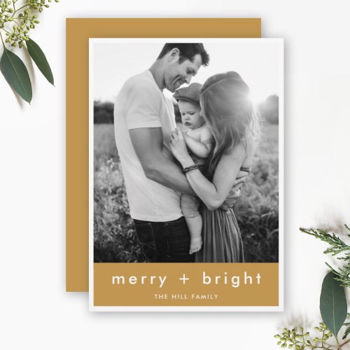 Merry  Bright  Ocher Gold Christmas Photo Holiday Card