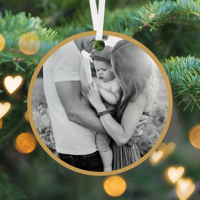 Merry + Bright | Ocher Gold Christmas Photo Metal Ornament (Creator Uploaded)