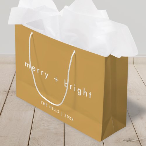 Merry  Bright  Ocher Mustard Gold Christmas Large Gift Bag