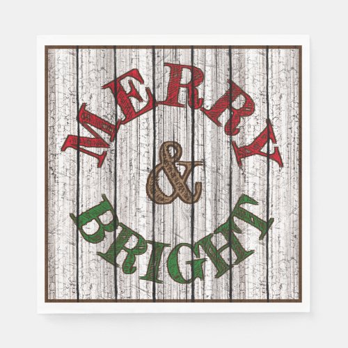 Merry  Bright On Weathered Wooden Planks Pattern Napkins