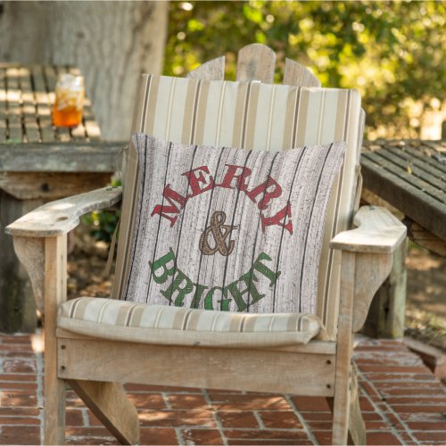 Merry  Bright On Weathered Wooden Planks Pattern Outdoor Pillow