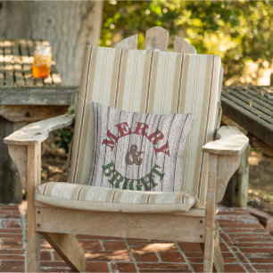 Merry & Bright On Weathered Wooden Planks Pattern Outdoor Pillow