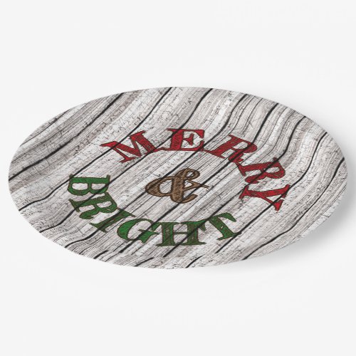 Merry  Bright On Weathered Wooden Planks Pattern Paper Plates