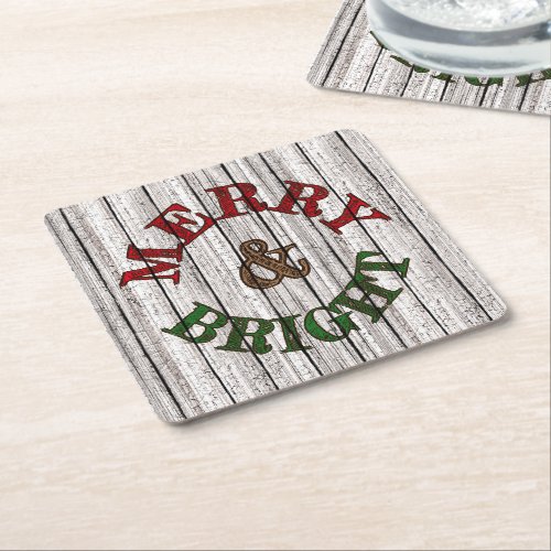Merry  Bright On Weathered Wooden Planks Pattern Square Paper Coaster