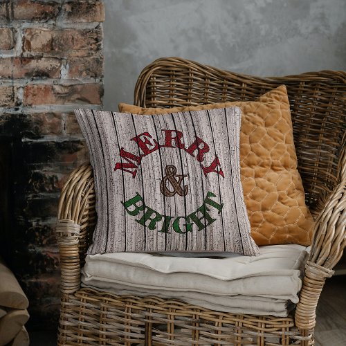 Merry  Bright On Weathered Wooden Planks Pattern Throw Pillow