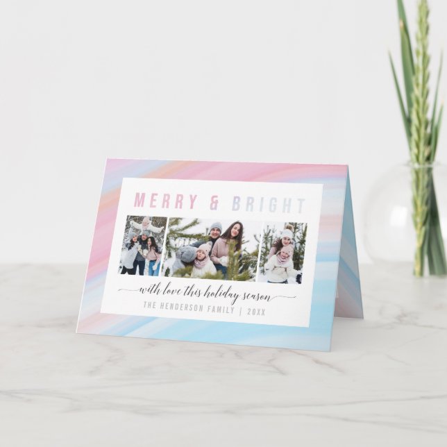 Merry & Bright Pastel Christmas 3 Photo Collage Holiday Card (Front)