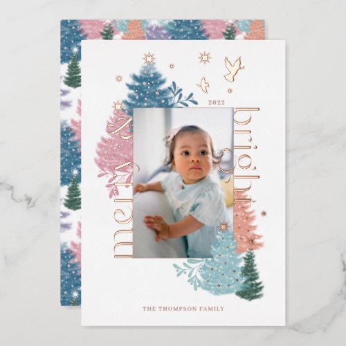 Merry  Bright Pastel Christmas Tree Forest Photo Foil Holiday Card