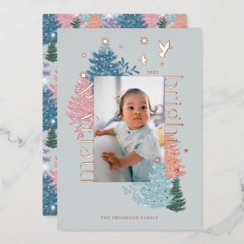 Merry  Bright Pastel Christmas Tree Forest Photo Foil Holiday Card