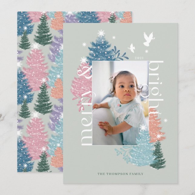 Merry & Bright Pastel Christmas Tree Forest Photo Holiday Card (Front/Back)