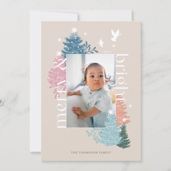 Merry & Bright Pastel Christmas Tree Forest Photo Holiday Card