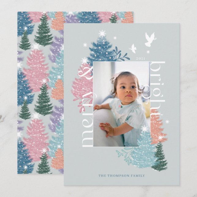 Merry & Bright Pastel Christmas Tree Forest Photo Holiday Card (Front/Back)