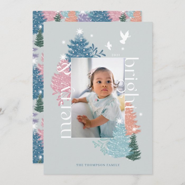 Merry & Bright Pastel Christmas Tree Forest Photo Holiday Card