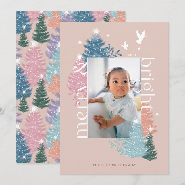 Merry & Bright Pastel Christmas Tree Forest Photo Holiday Card (Front/Back)
