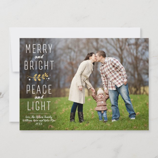 Merry, Bright, Peace, Light | Christmas Photo Card (Front)
