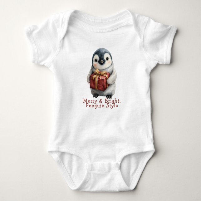 Merry & Bright Penguin Christmas Baby Bodysuit (Front)