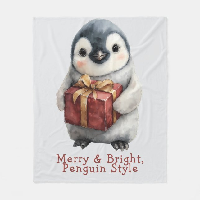 Merry & Bright Penguin Christmas Fleece Blanket (Front)