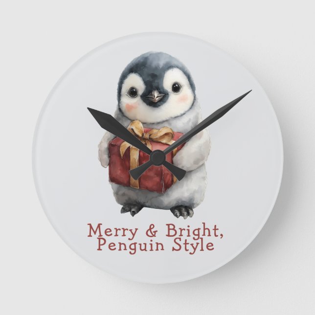 Merry & Bright Penguin Christmas Round Clock (Front)