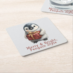 Merry & Bright Penguin Christmas Square Paper Coaster