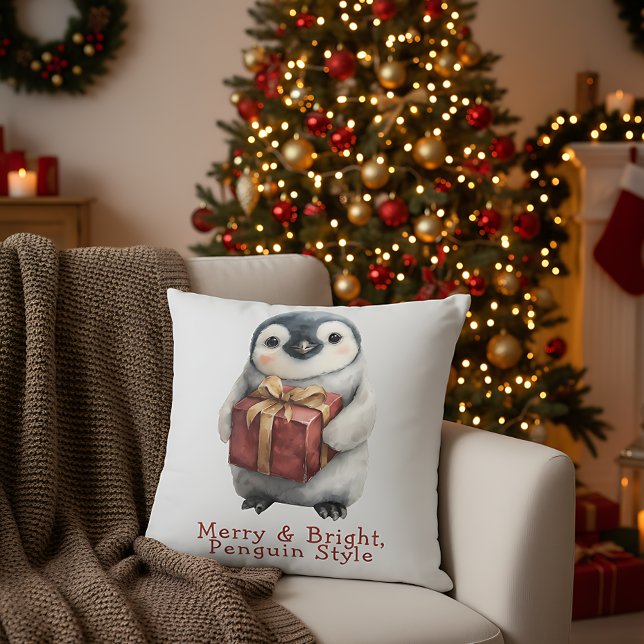Merry & Bright Penguin Christmas Throw Pillow (Creator Uploaded)