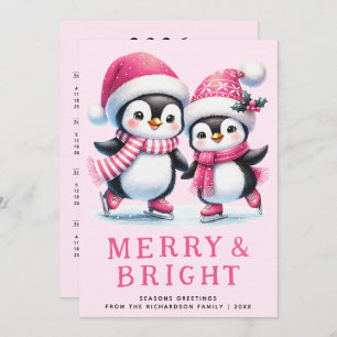 Merry & Bright Penguin Ice Skaters Pink Christmas Holiday Card