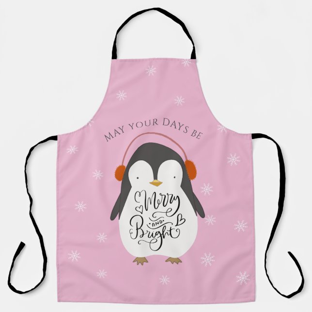 Merry Bright Penguin Whimsical Christmas Pink Apron (Front)