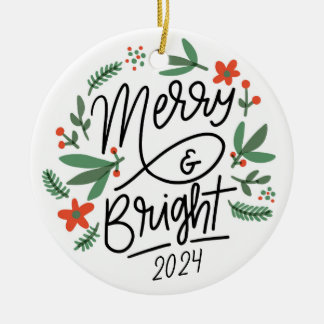 Merry & Bright Personalized Christmas Ceramic Ornament