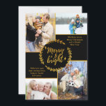 Merry & Bright Photo Collage Black Gold Christmas Holiday Card<br><div class="desc">Personalize this modern Christmas card with four of your favorite family photos. The template is set up for you to easily add your four photos as well as two sections for your greetings and your names. The centre of the card has a winter wreath with the wording "Merry and Bright"...</div>