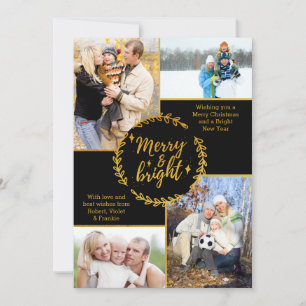 Merry & Bright Photo Collage Black Gold Christmas Holiday Card