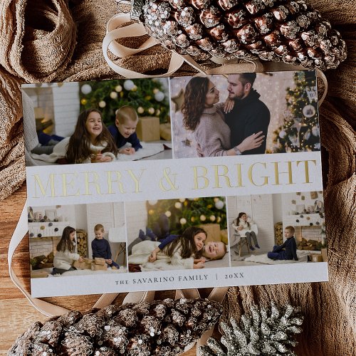 Merry  Bright Photo Collage Foil Holiday Card