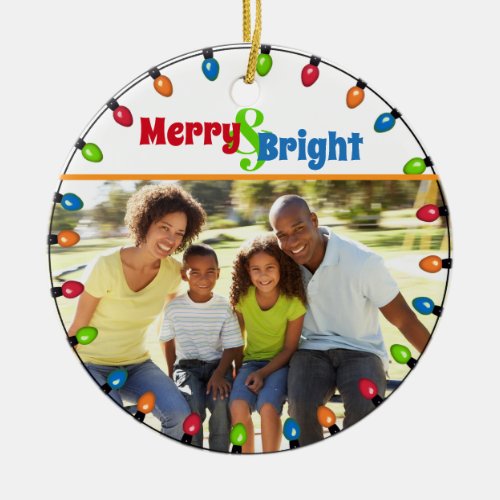 Merry  Bright Photo Colorful Christmas Lights  Ceramic Ornament