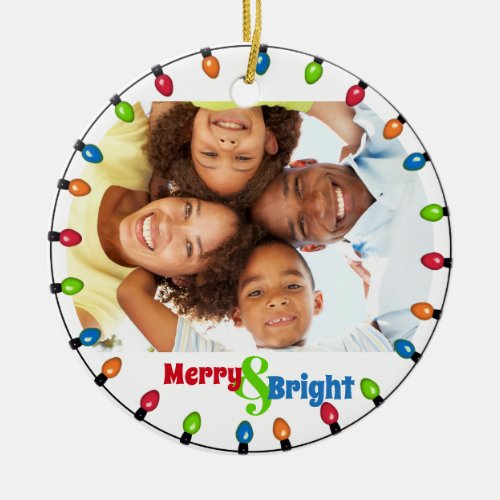 Merry  Bright Photo Colorful Christmas Lights  Ceramic Ornament