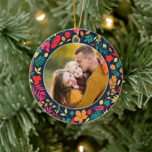 Merry  Bright Photo Colorful Leaf Pattern Ceramic Ornament