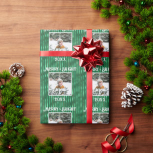 Merry & Bright Photo Green Metallic Stripe Wrapping Paper