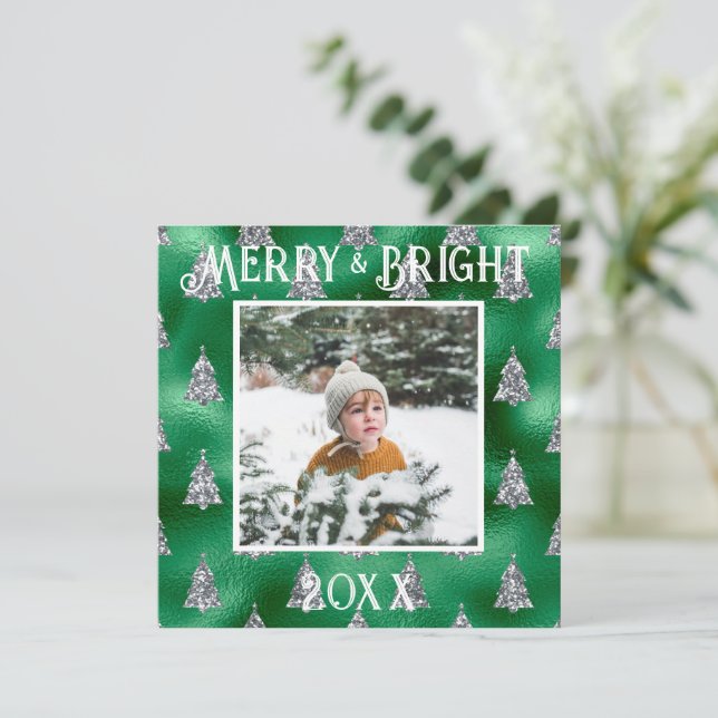 Merry & Bright Photo Metallic Glitter Holiday Card (Standing Front)